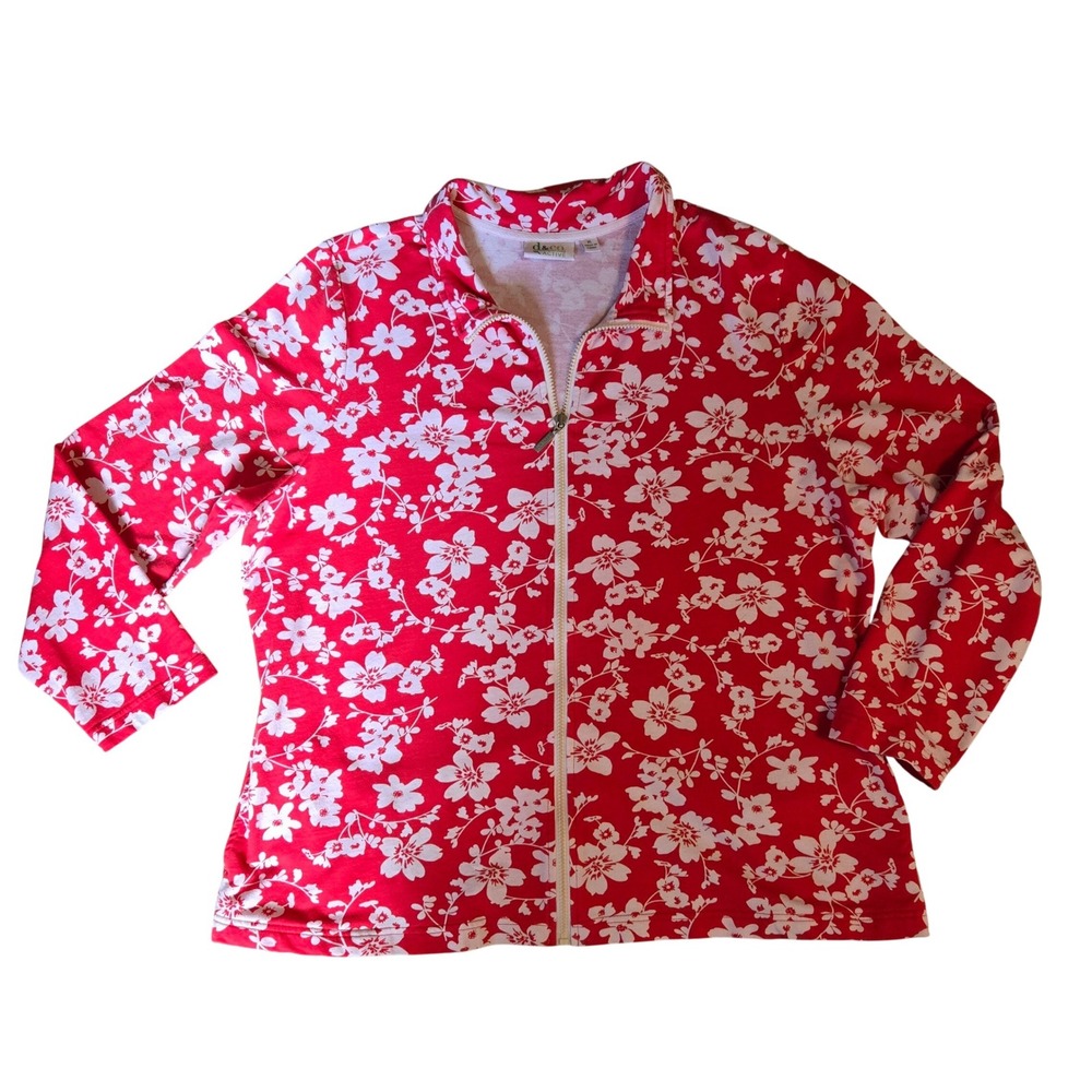 D&Co Active Fun Bright Women XL Red White Cotton Floral Full Zip Jacket Pockets